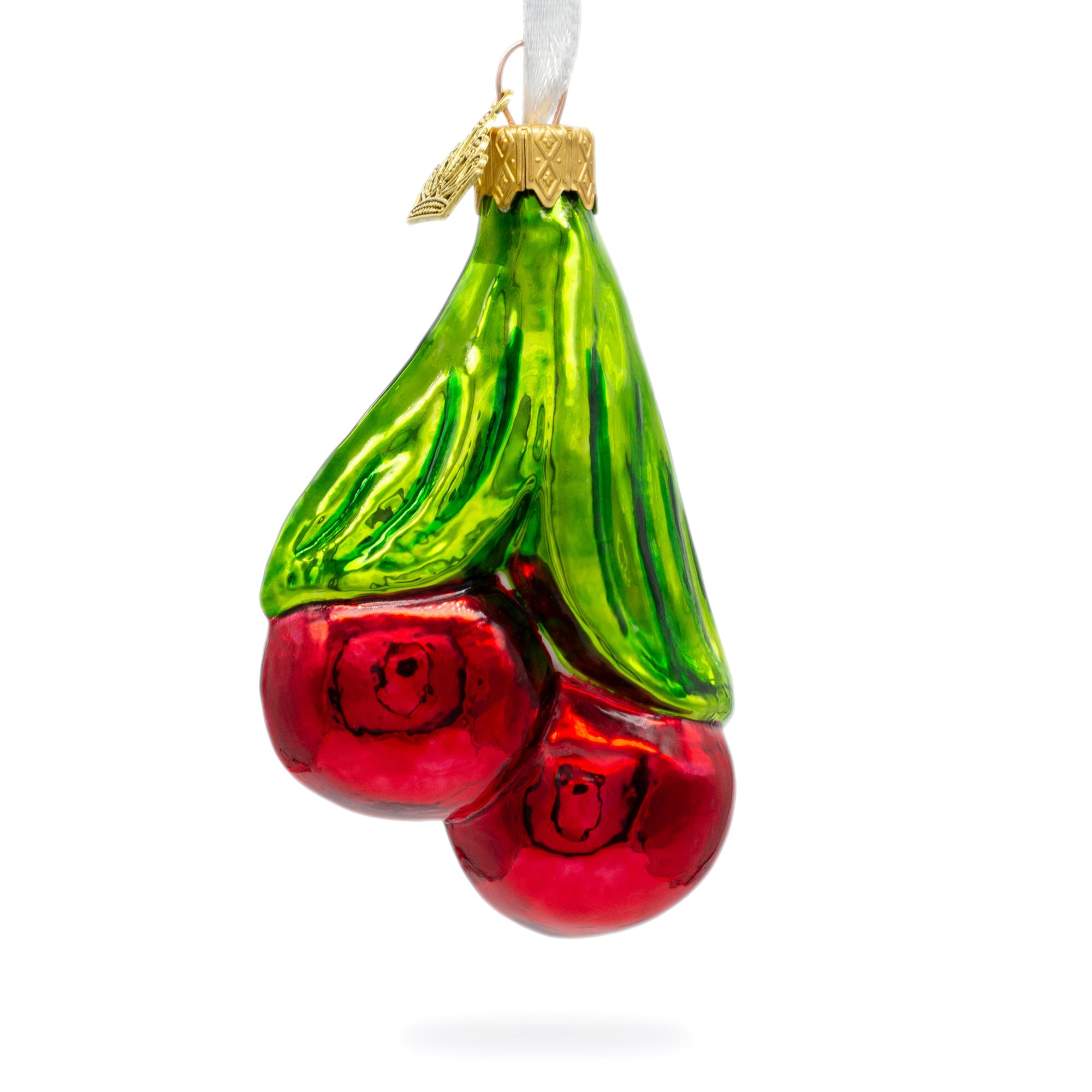Red Cherries with Green Leaves Glass Christmas Ornament
