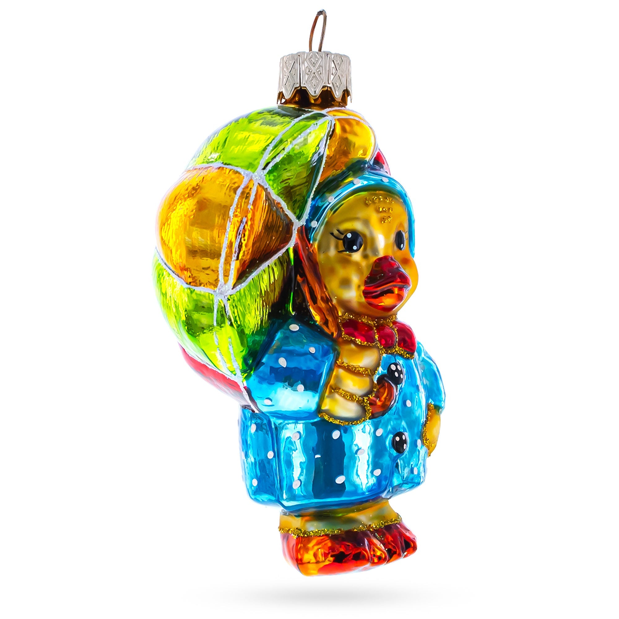 Duckling with Polka Dot Raincoat and Umbrella Glass Christmas Ornament
