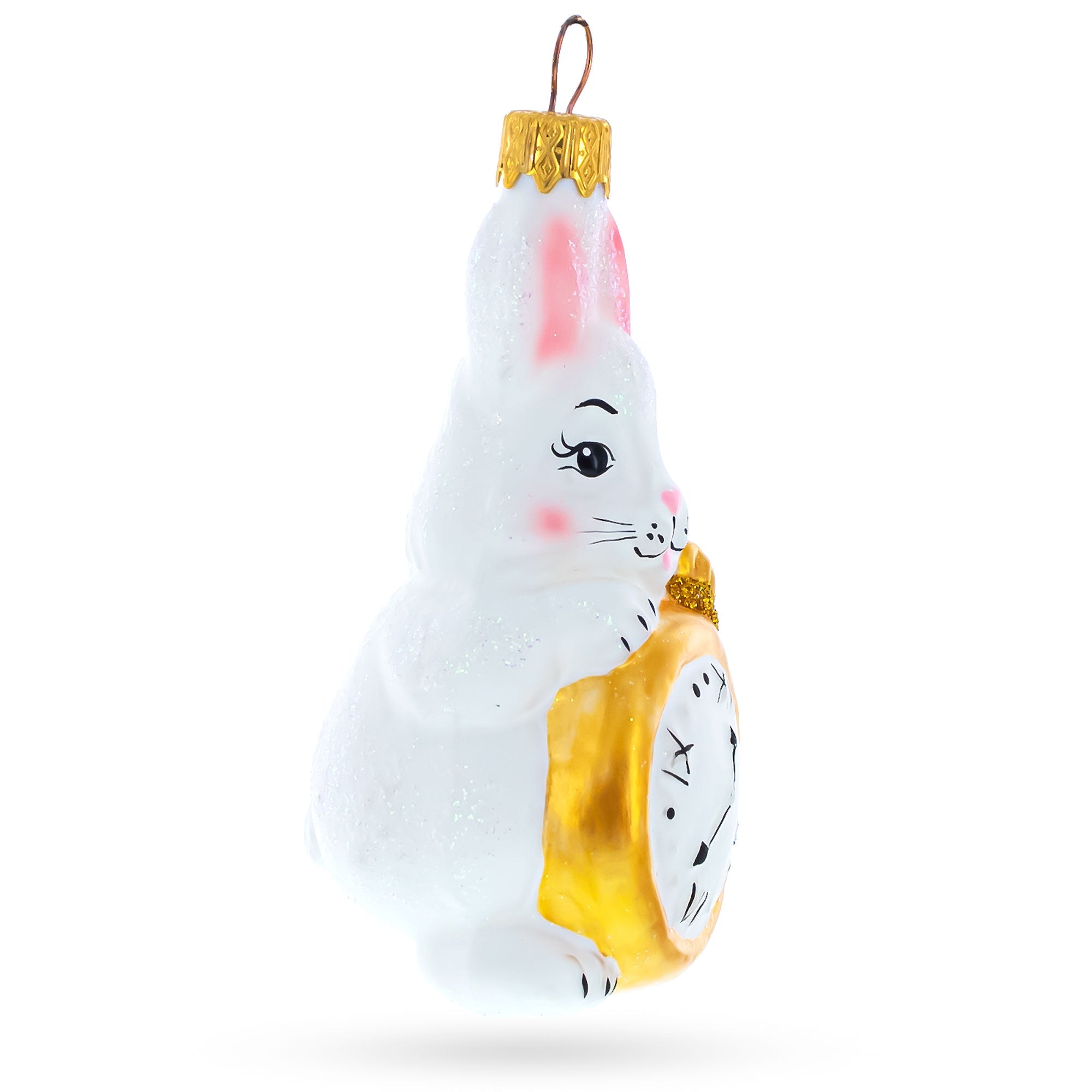 White Bunny with Timepiece Motif Glass Christmas Ornament
