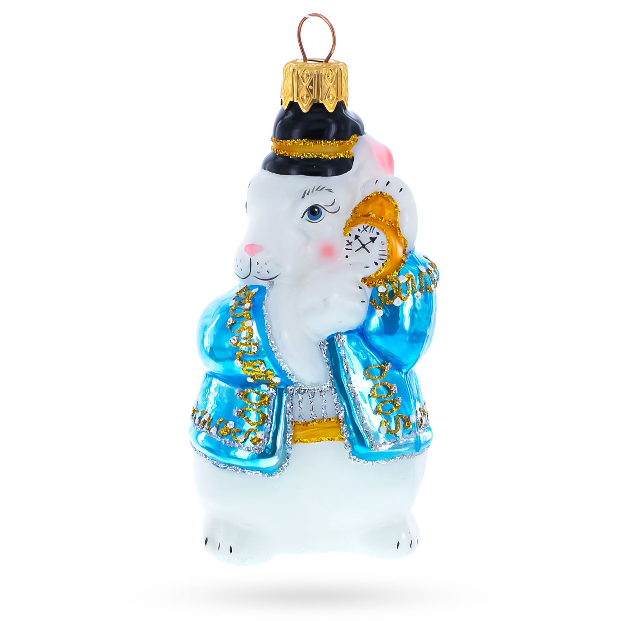 Rabbit with Blue Winter Coat and Gold Watch Glass Christmas Ornament