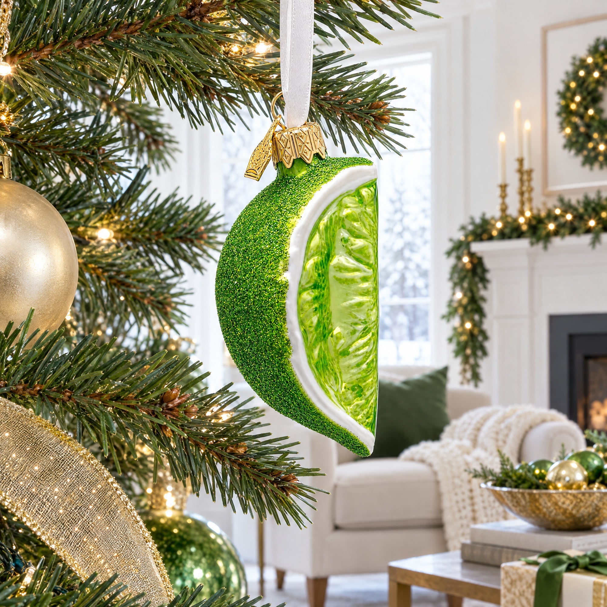 Lime Fruit Slice with Sparkle Finish Glass Christmas Ornament
