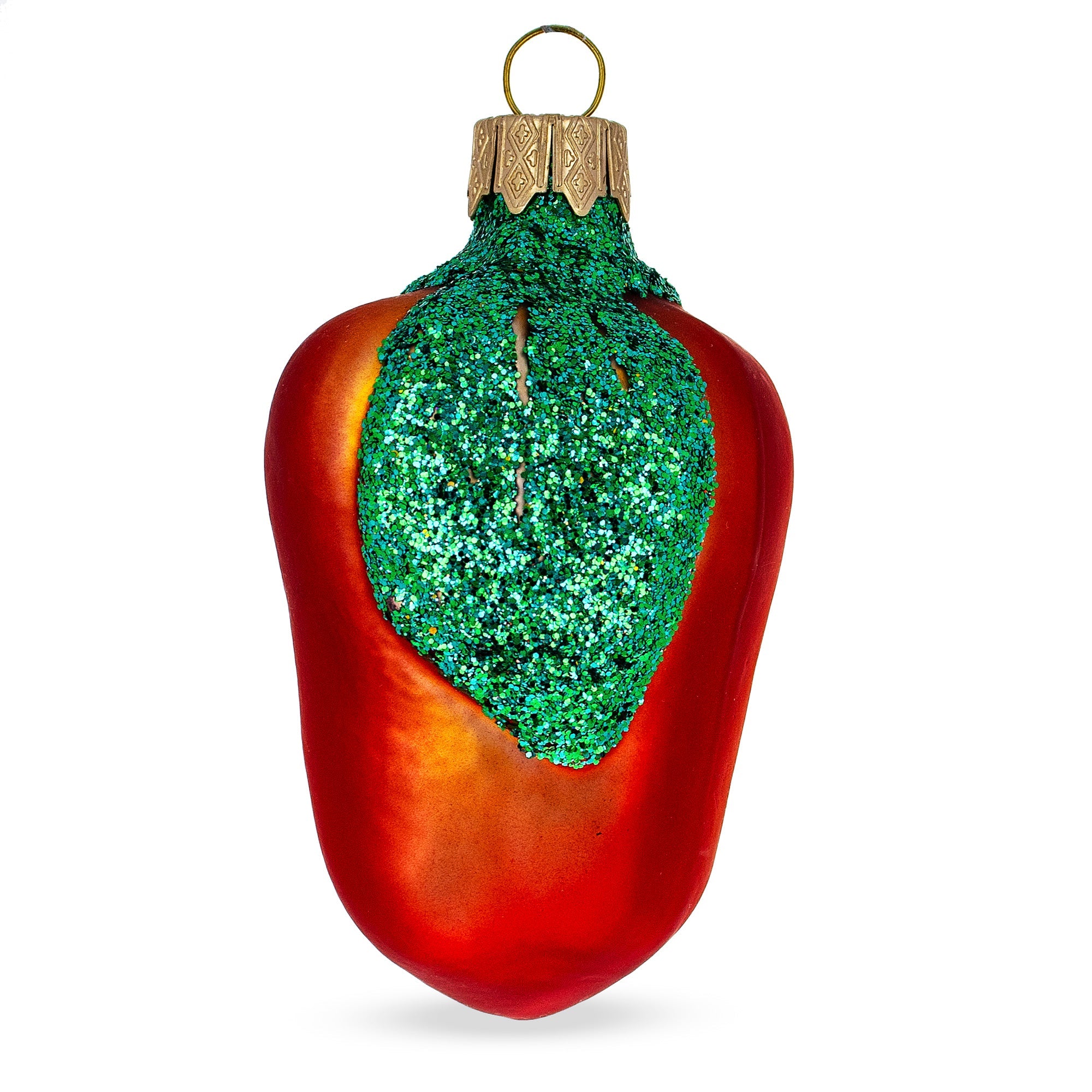 Red Bell Pepper with Green Glitter Stem Glass Christmas Ornament