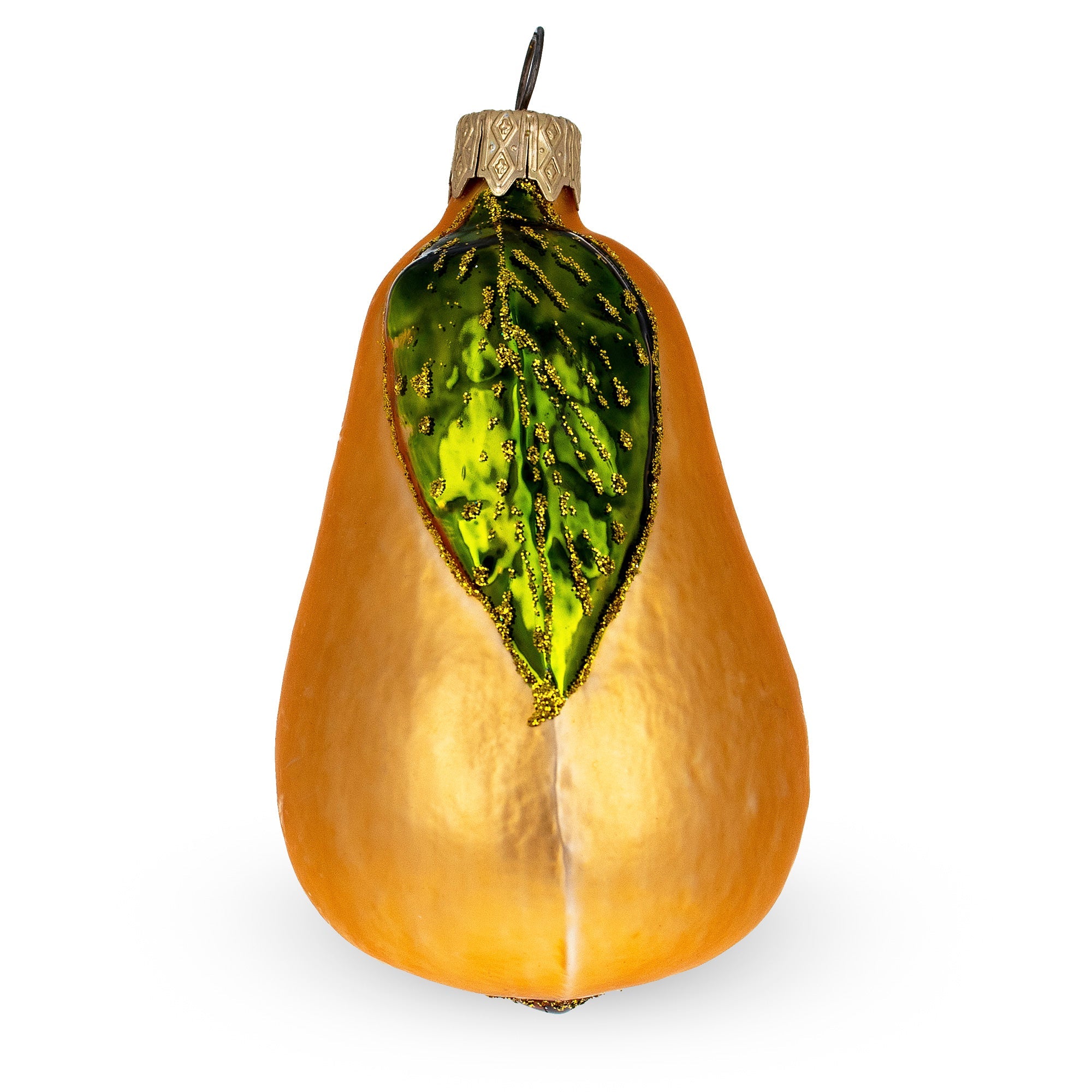Pear with Green Leaf Glass Christmas Ornament 3.8 Inches