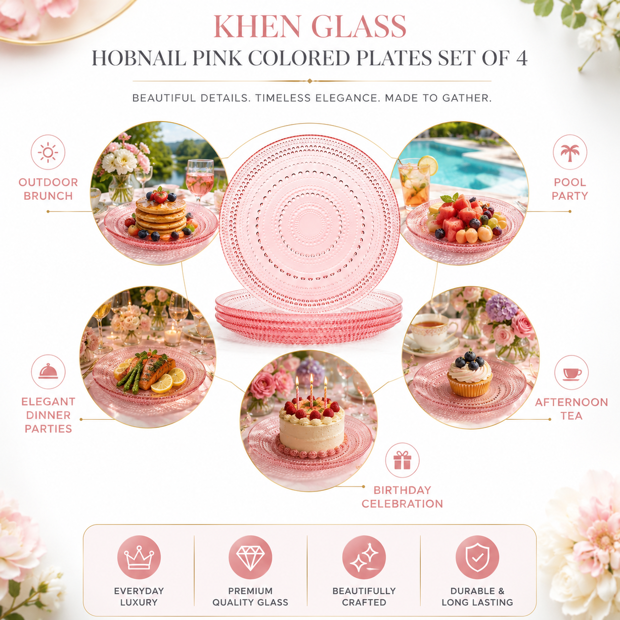 Blush Pink Hobnail Glass Dinner Plates, Set of 4, 10.6-Inch