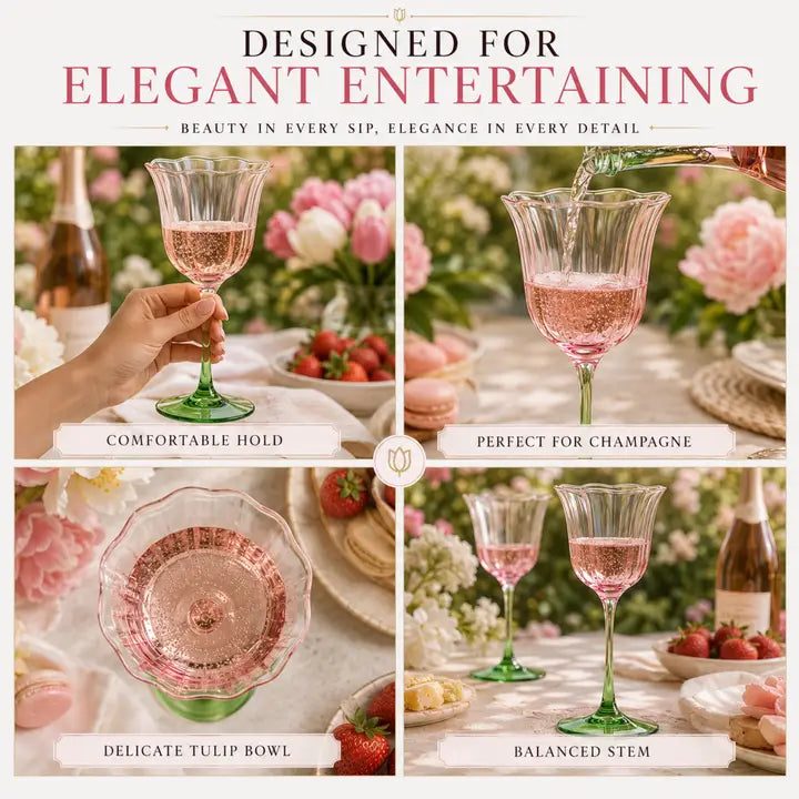 Khen Blossom Pink Tulip Wine Glasses Set of 2, Hand Blown Colored Crystal