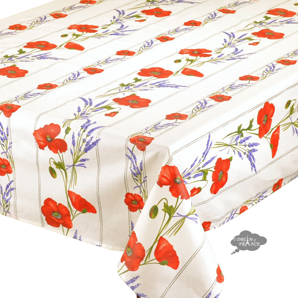 60x120" Rectangular Poppies Cream Acrylic-Coated Cotton Tablecloth by Tissus Toselli
