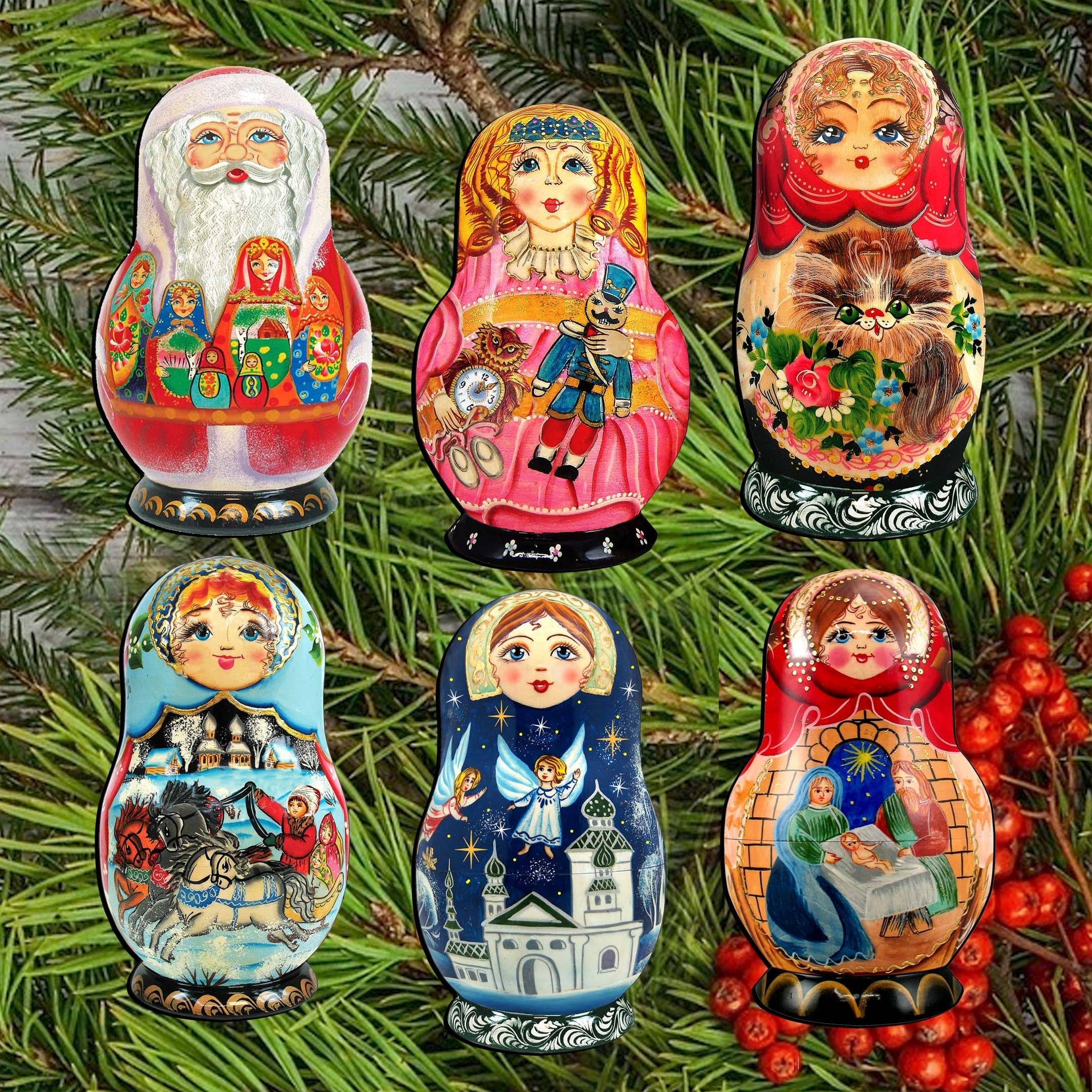 Nested Dolls Clip-On Eco Wood Decorative Ornaments Set of 6 by G. Debrekht - Christmas Decor - 8090130C-S6
