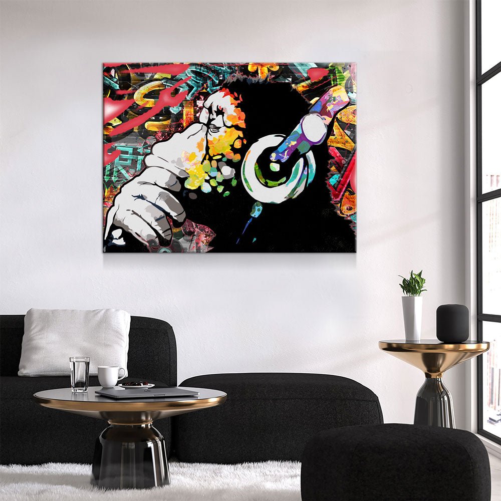 Abstract Monkey Headphones DJ Canvas Wall Art, Monkey DJ Decor
