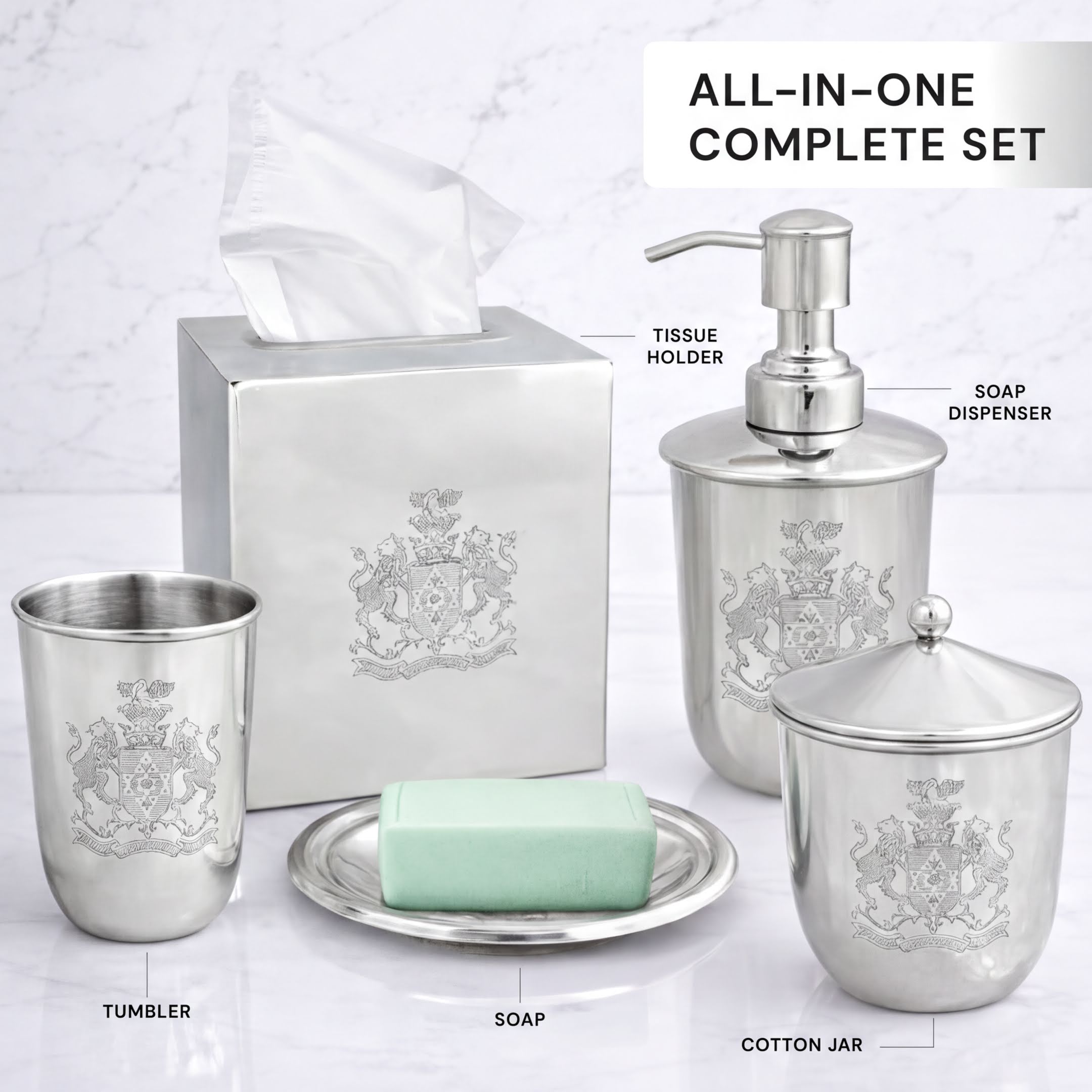 Bathroom Accessory Set - Elegant Silver Metal Bathroom Organizer Collection