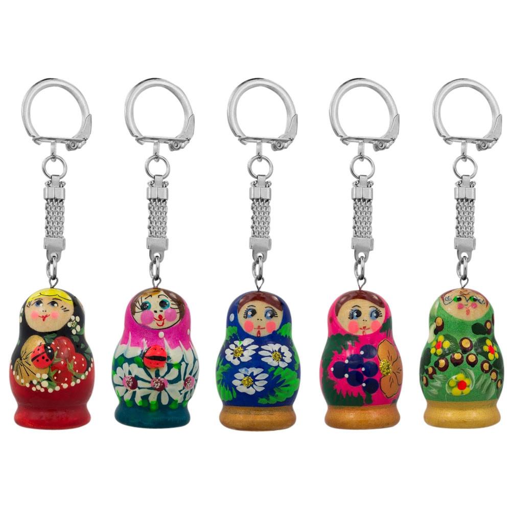 Set of 5 Wooden Nesting Doll Keychains - Matryoshka Charm Pack 1.75 Inches