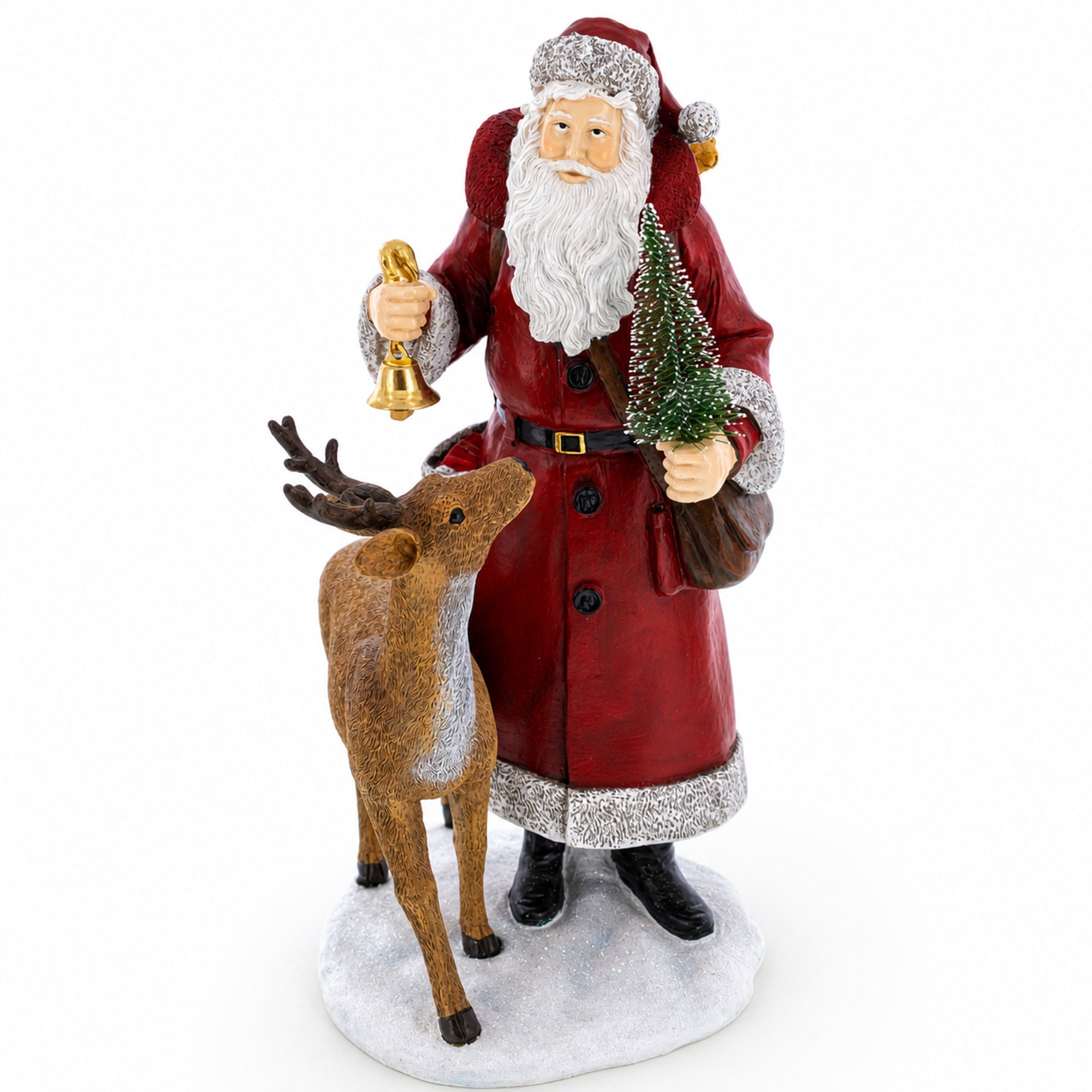 Santa Holding Christmas Tree and Bell by Reindeer Figurine 12 Inches
