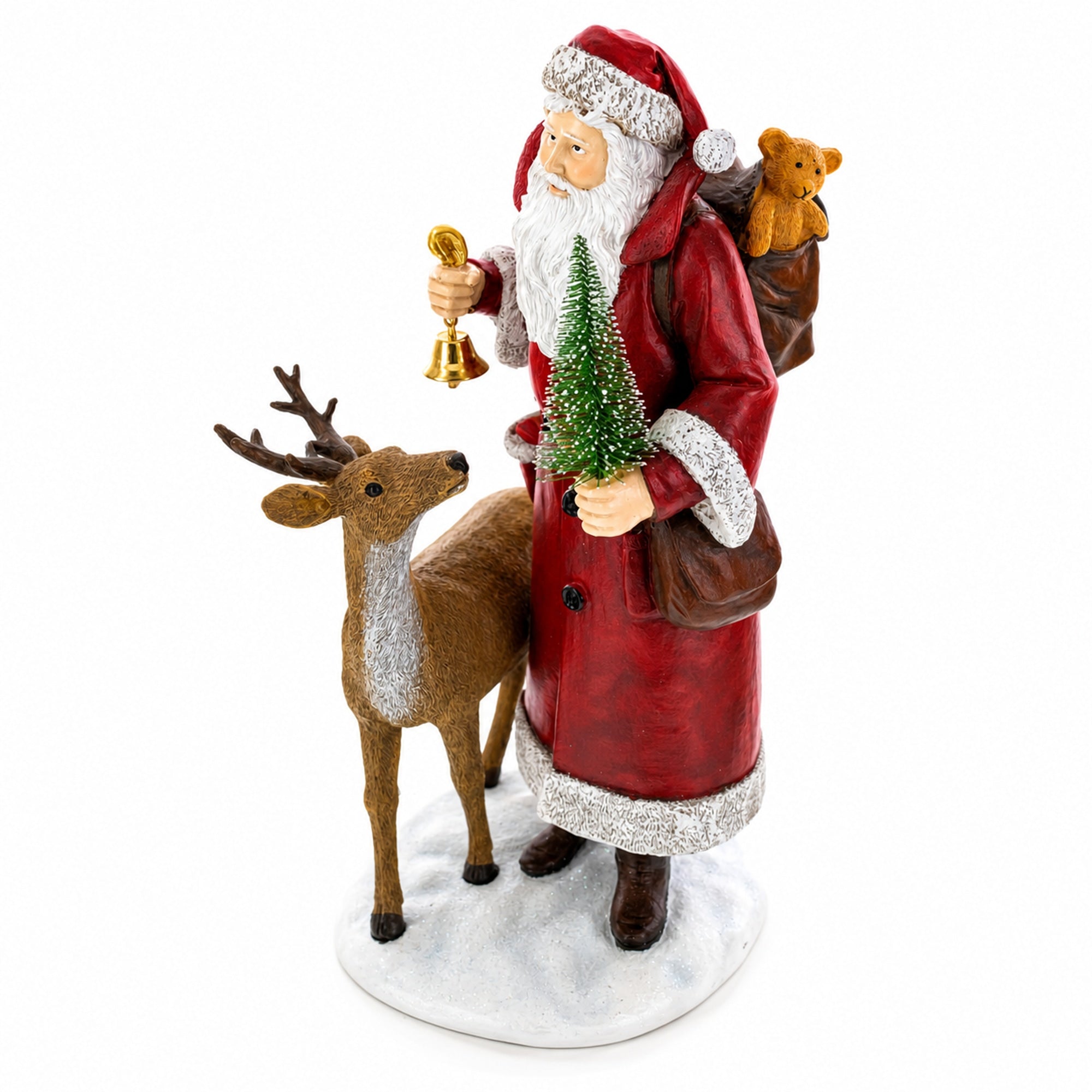Santa Holding Christmas Tree and Bell by Reindeer Figurine 12 Inches