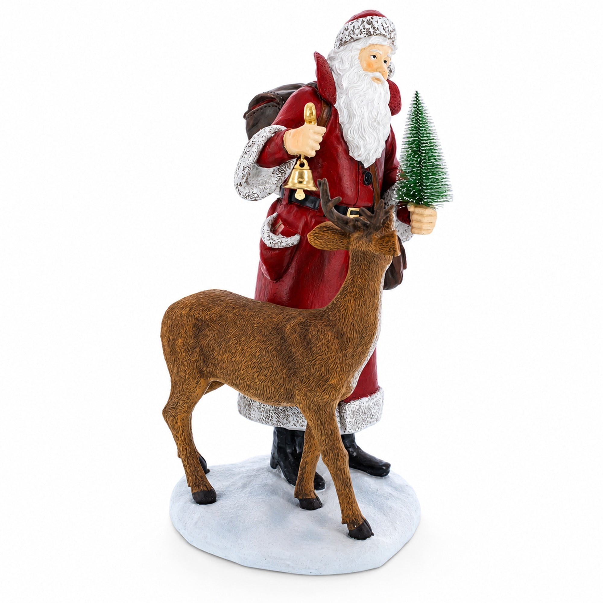 Santa Holding Christmas Tree and Bell by Reindeer Figurine 12 Inches