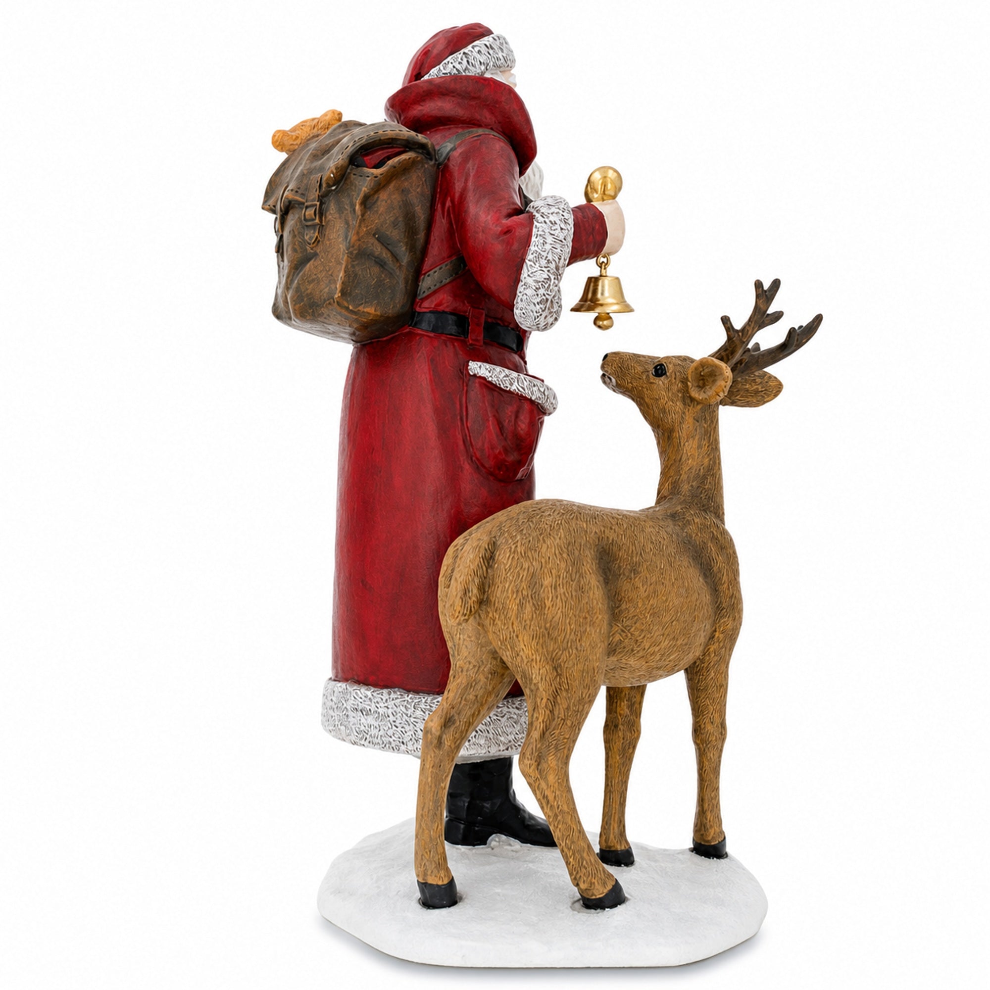 Santa Holding Christmas Tree and Bell by Reindeer Figurine 12 Inches