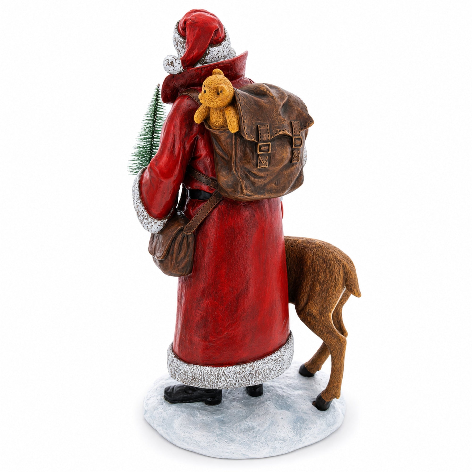Santa Holding Christmas Tree and Bell by Reindeer Figurine 12 Inches