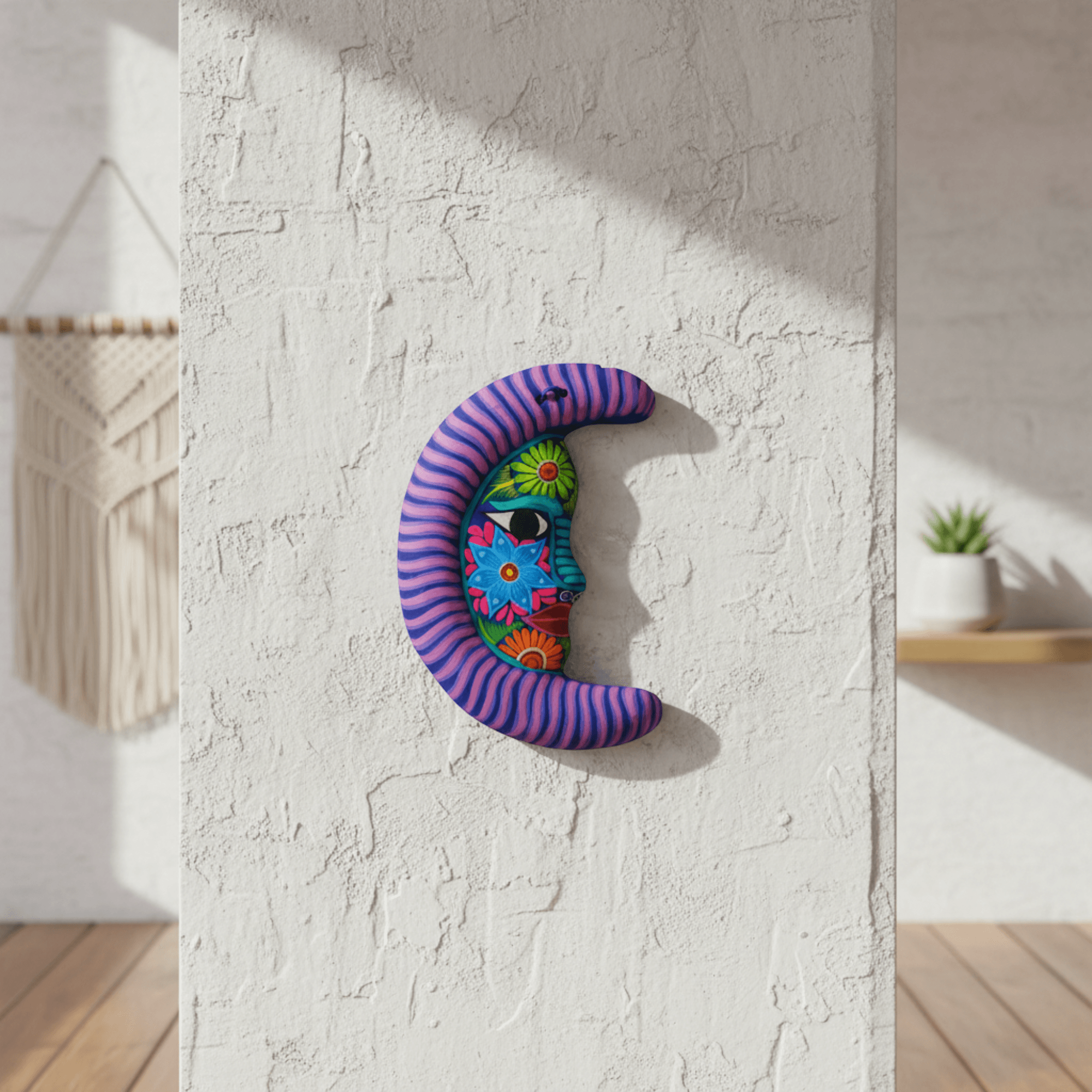 Alebrije Moon Wall Art | Hand-Painted Floral Design