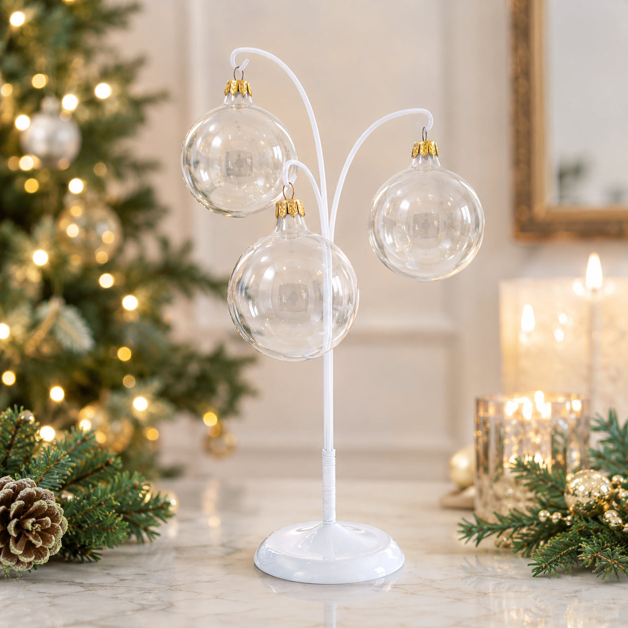 3-Arm Botanical Style White Painted Metal Ornament Display Stand 12 Inches