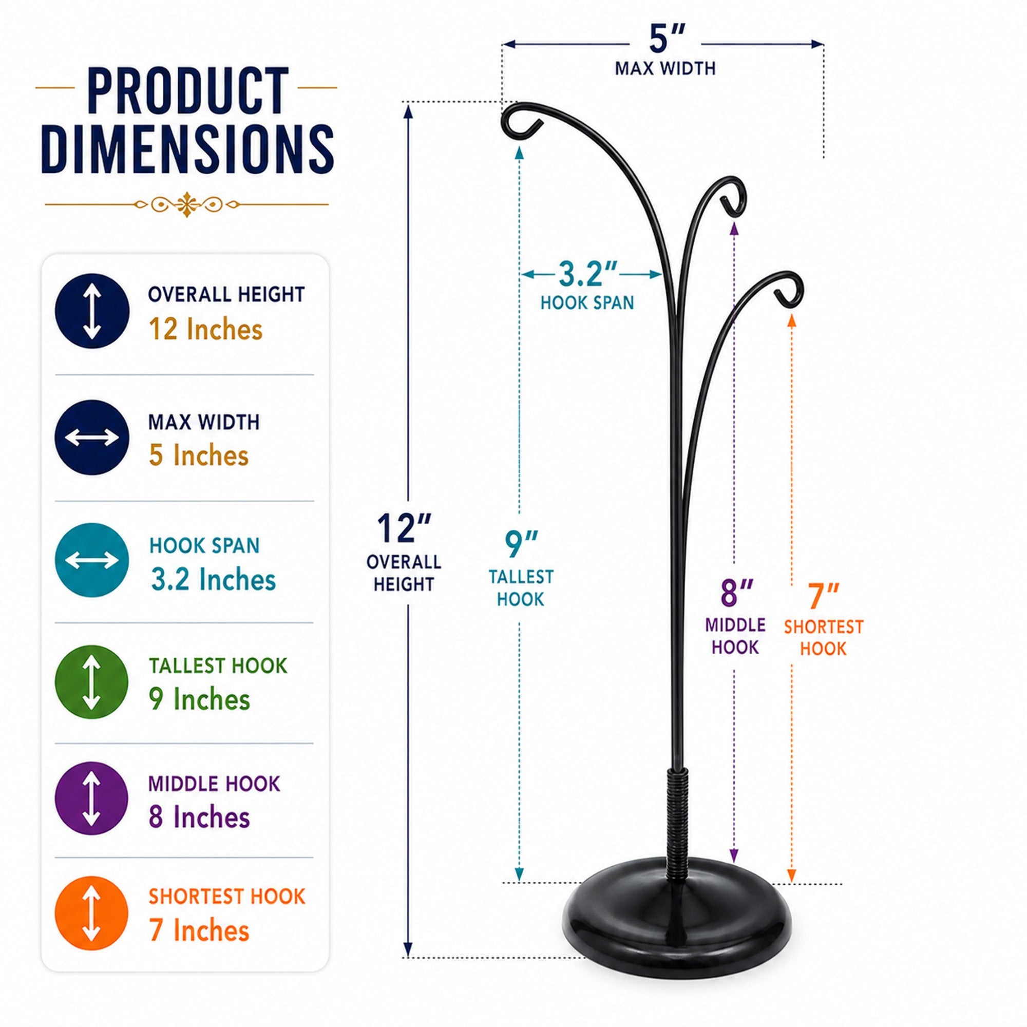 3-Arm Botanical Style Black Painted Metal Ornament Display Stand 12 Inches
