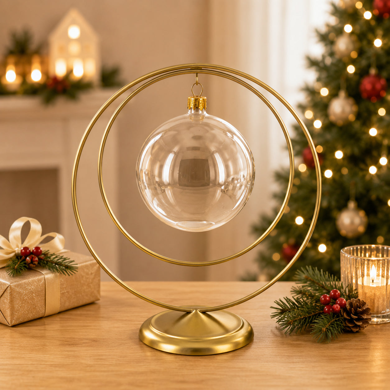 Contemporary Double Circle Gold Metal Ornament Display Stand 8.2 Inches