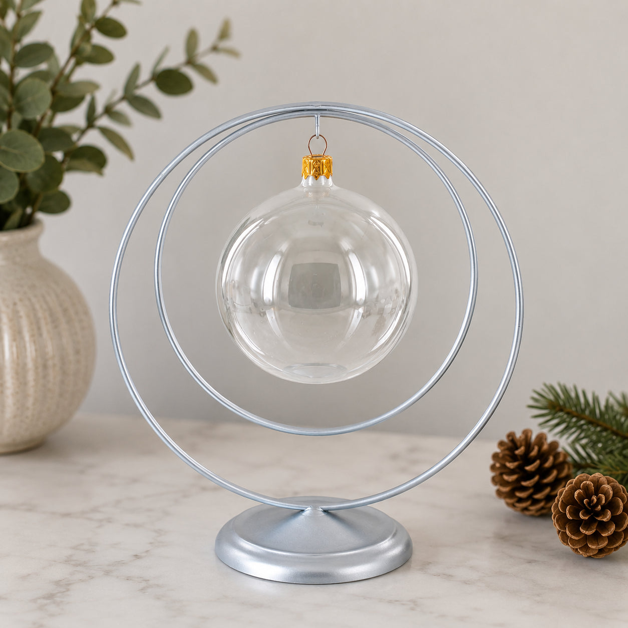 Contemporary Double Circle Silver Metal Ornament Display Stand 8.2 Inches