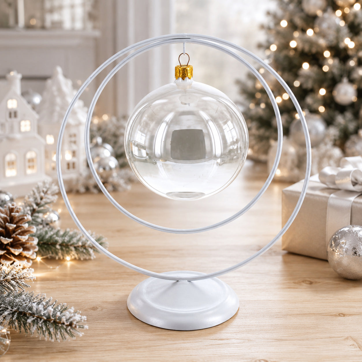 Contemporary Double Circle White Painted Metal Ornament Display Stand 8.2 Inches