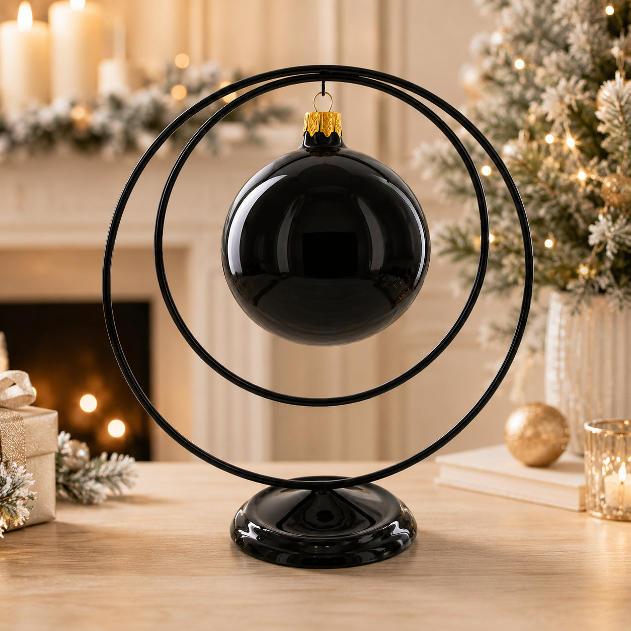 Contemporary Double Circle Black Painted Metal Ornament Display Stand 8.2 Inches