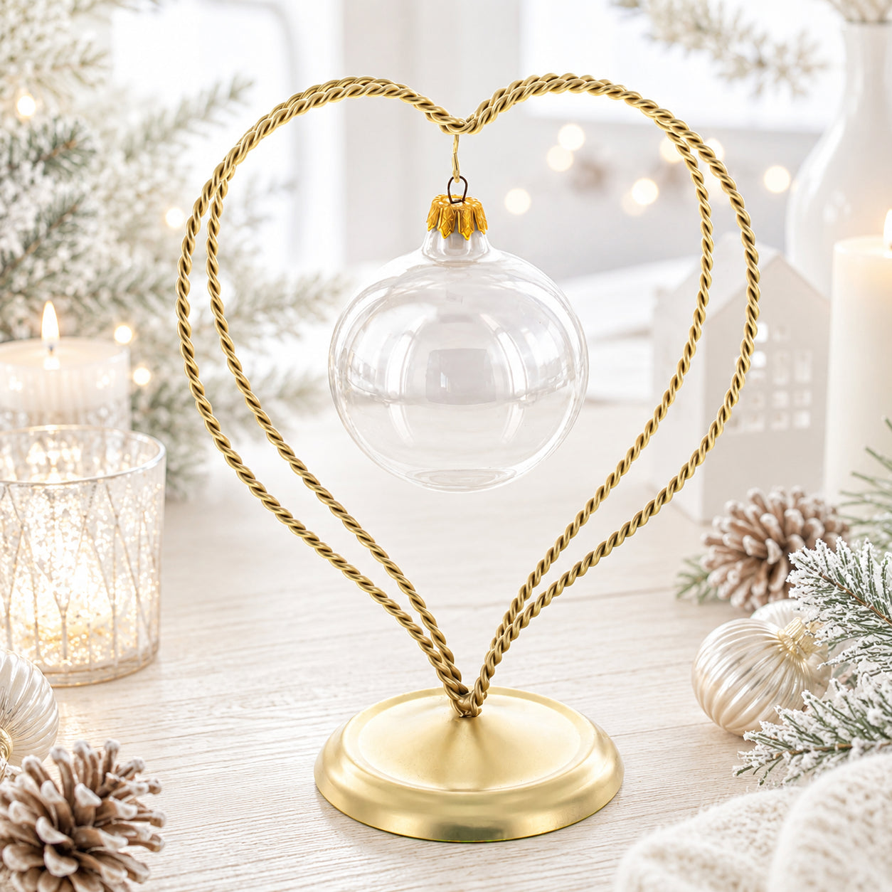 Double Wire Heart Twisted Gold Metal Ornament Display Stand 7.8 Inches