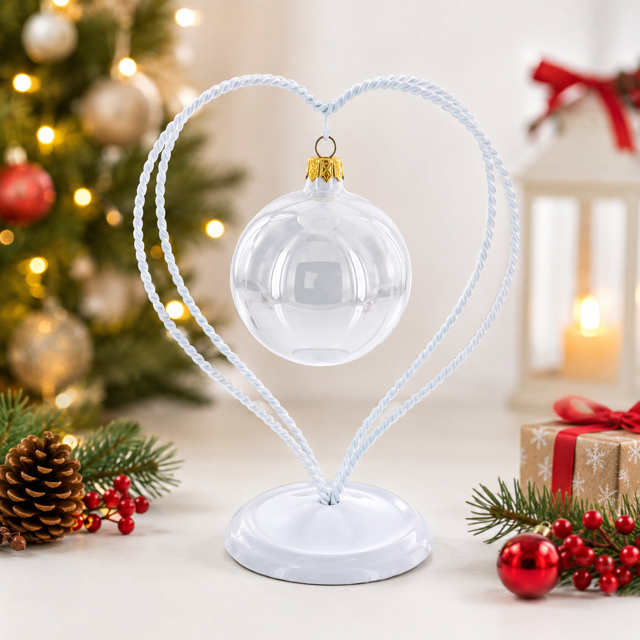 Double Wire Heart Twisted White Paint Metal Ornament Display Stand 7.8 Inches