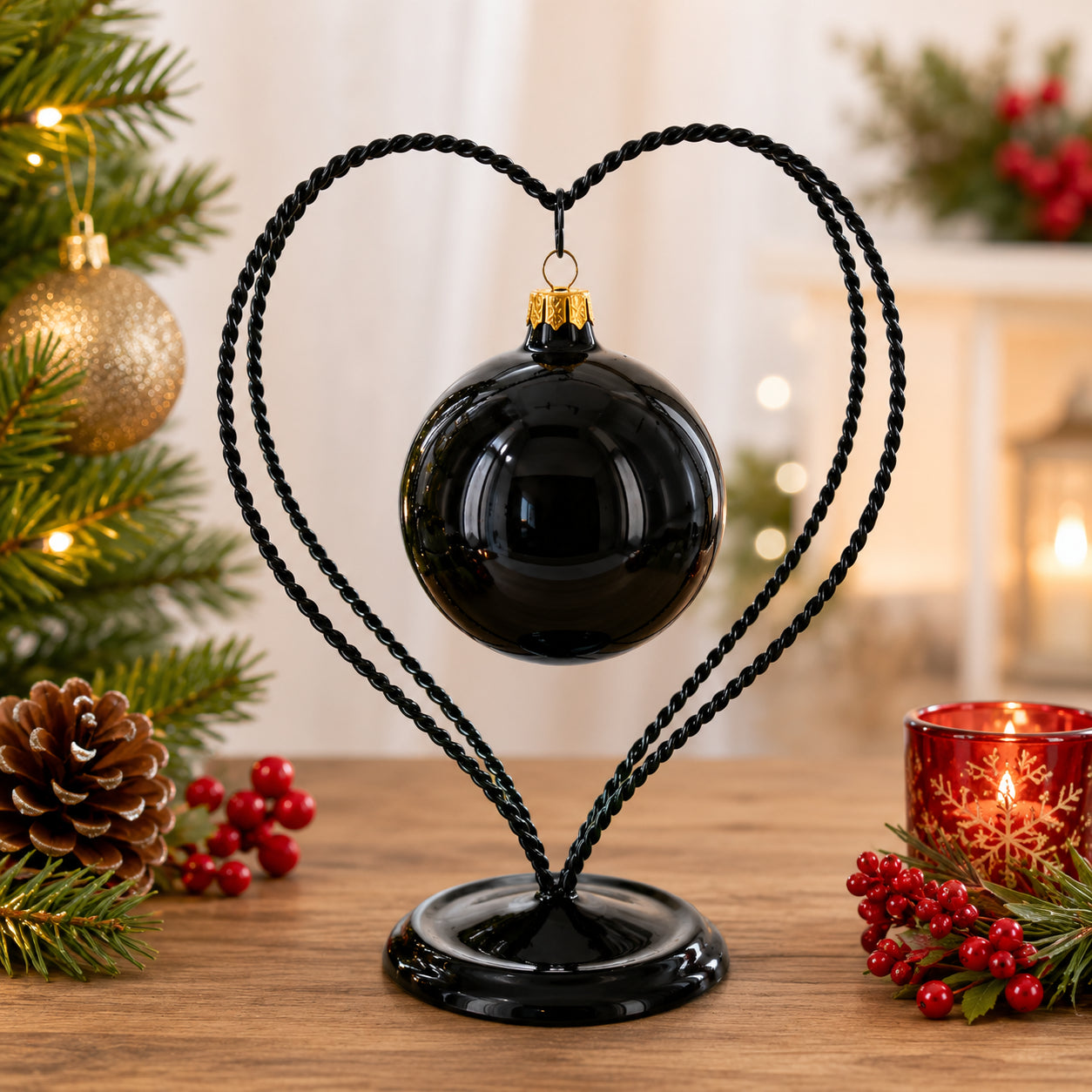 Double Wire Heart Twisted Black Paint Metal Ornament Display Stand 7.8 Inches