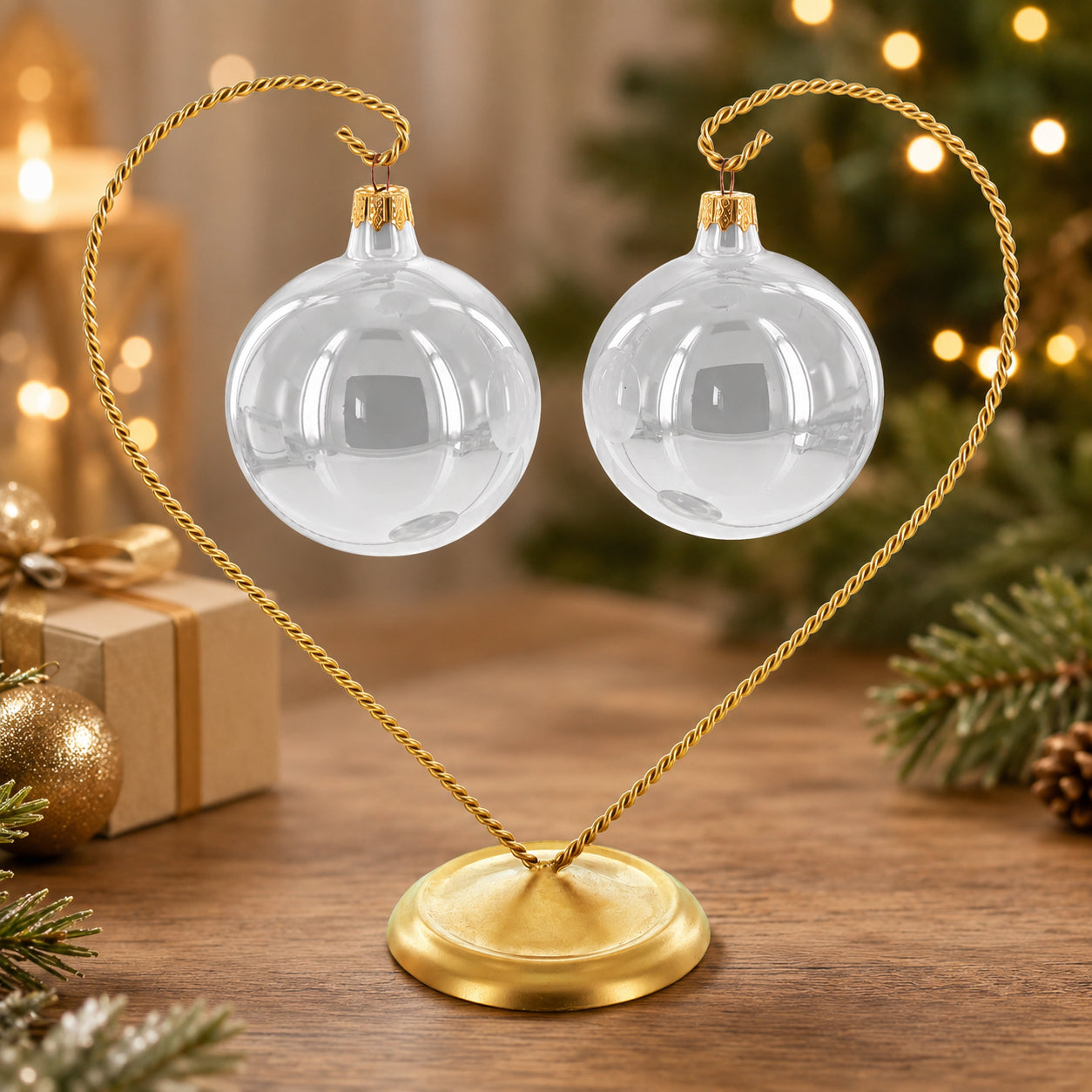 Open-Top Heart Twisted Gold Metal Ornament Display Stand 9 Inches