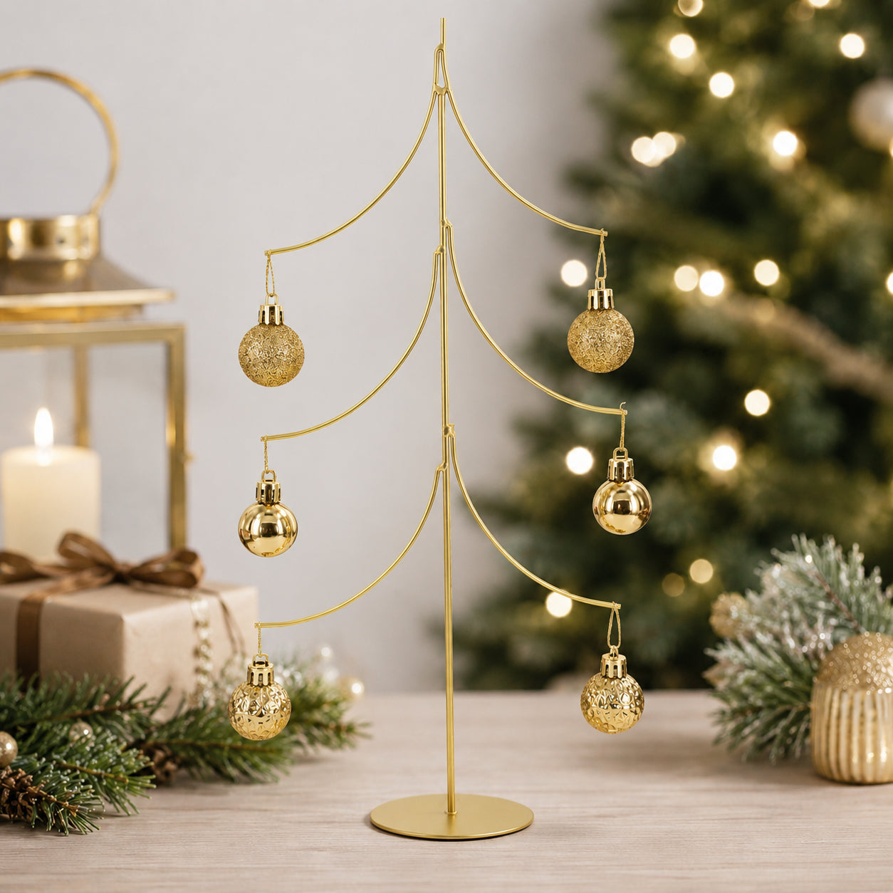 6-Arm Tiered Tree Gold Metal Ornament Display Stand 14 Inches