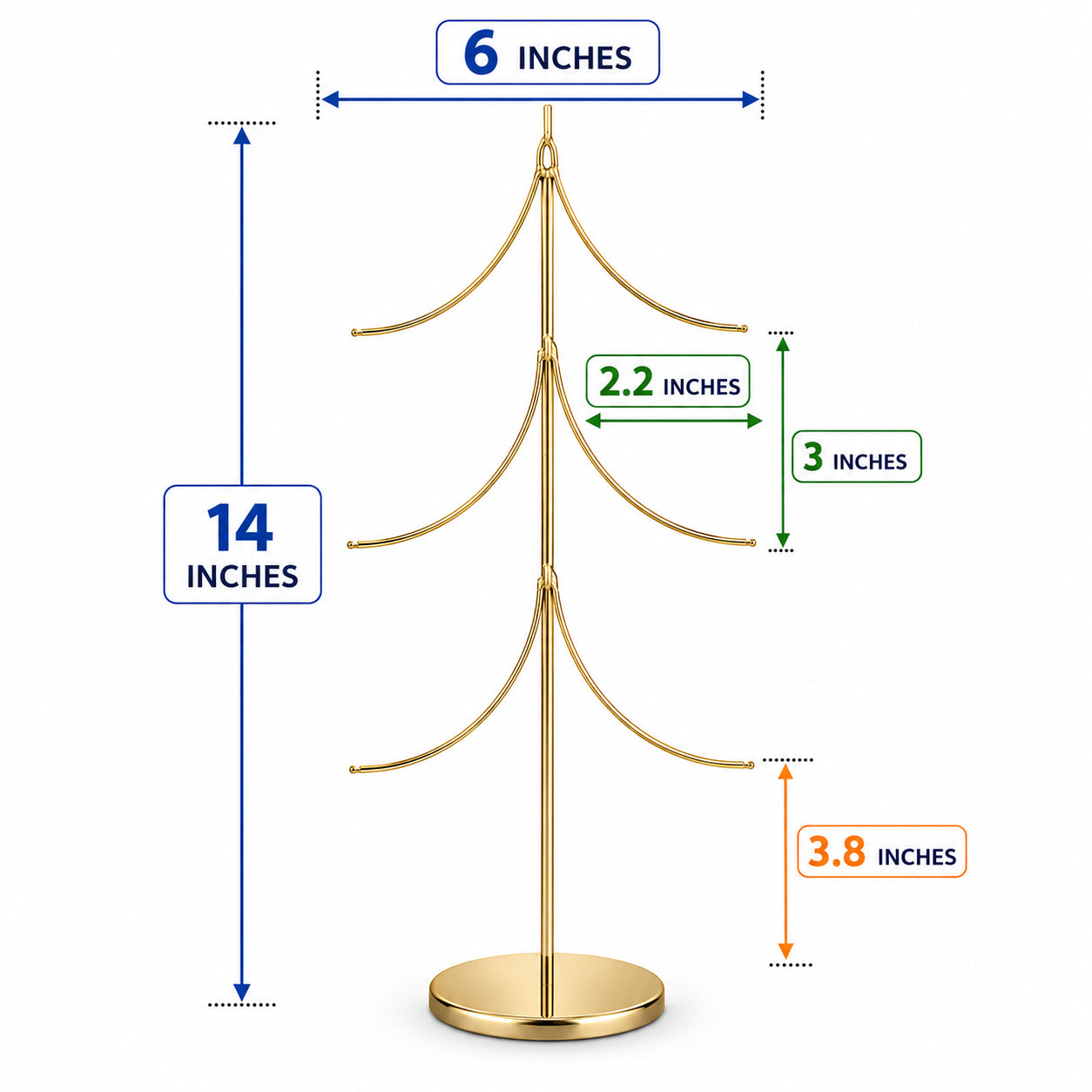 6-Arm Tiered Tree Gold Metal Ornament Display Stand 14 Inches