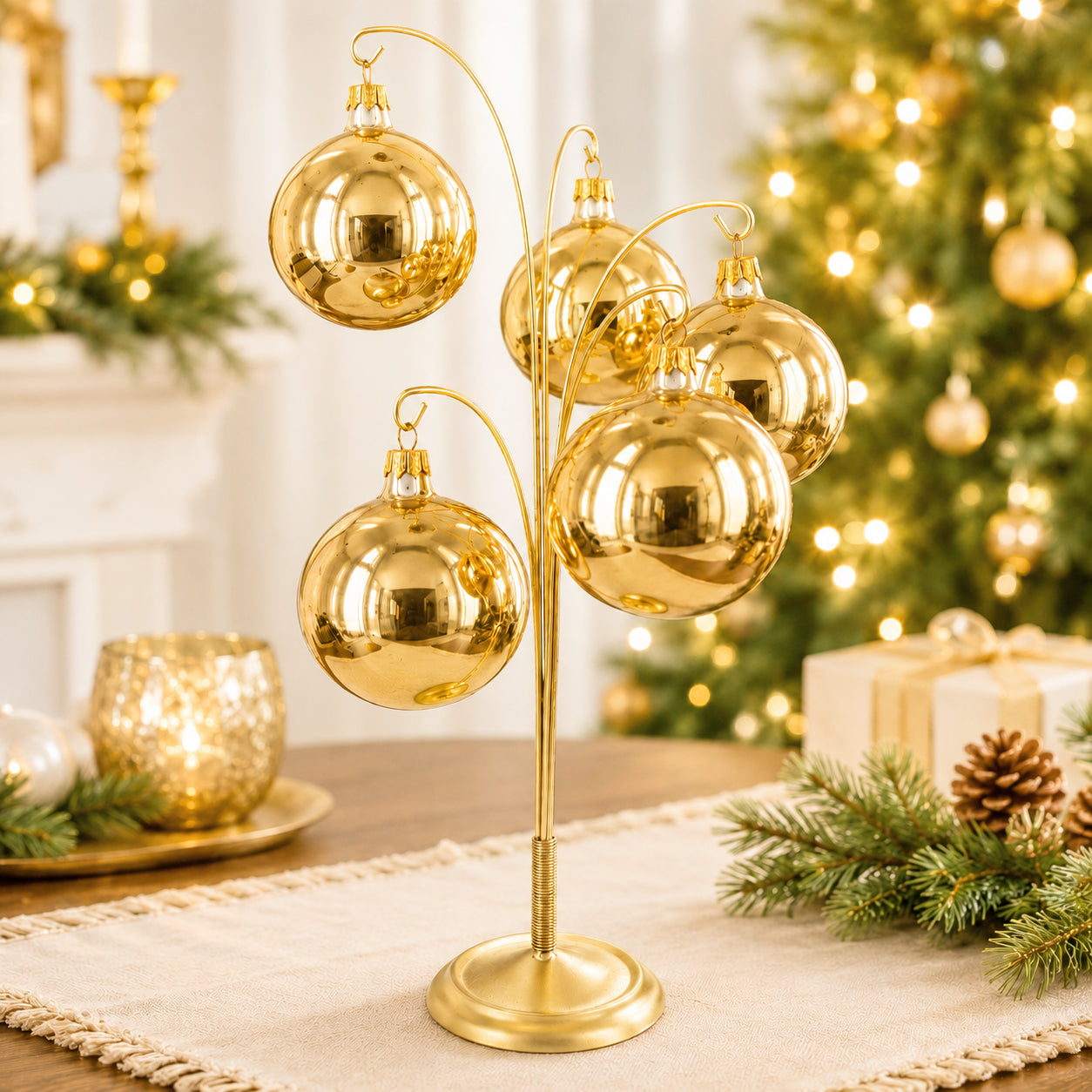 5-Arm Scroll Tree Branches Gold Metal Ornament Display Stand 14.5 Inches