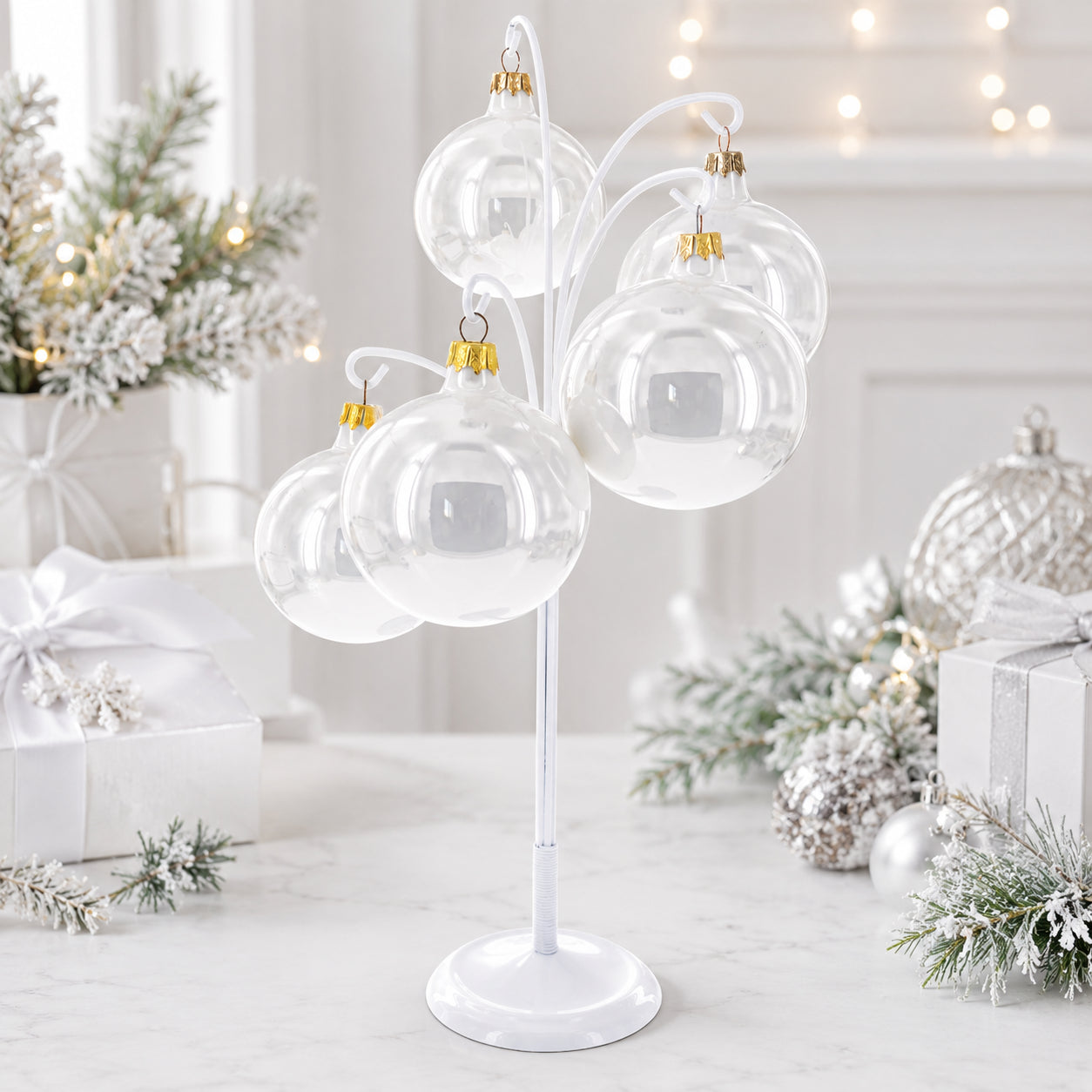 5-Arm Scroll Tree Branches White Painted Metal Ornament Display Stand 14.5 Inches