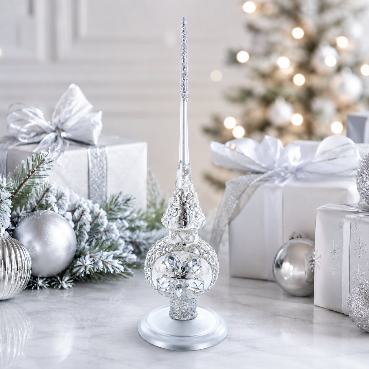 Upright Silver Metal Christmas Tree Topper Finial Stand Display Stand 7.2 Inches