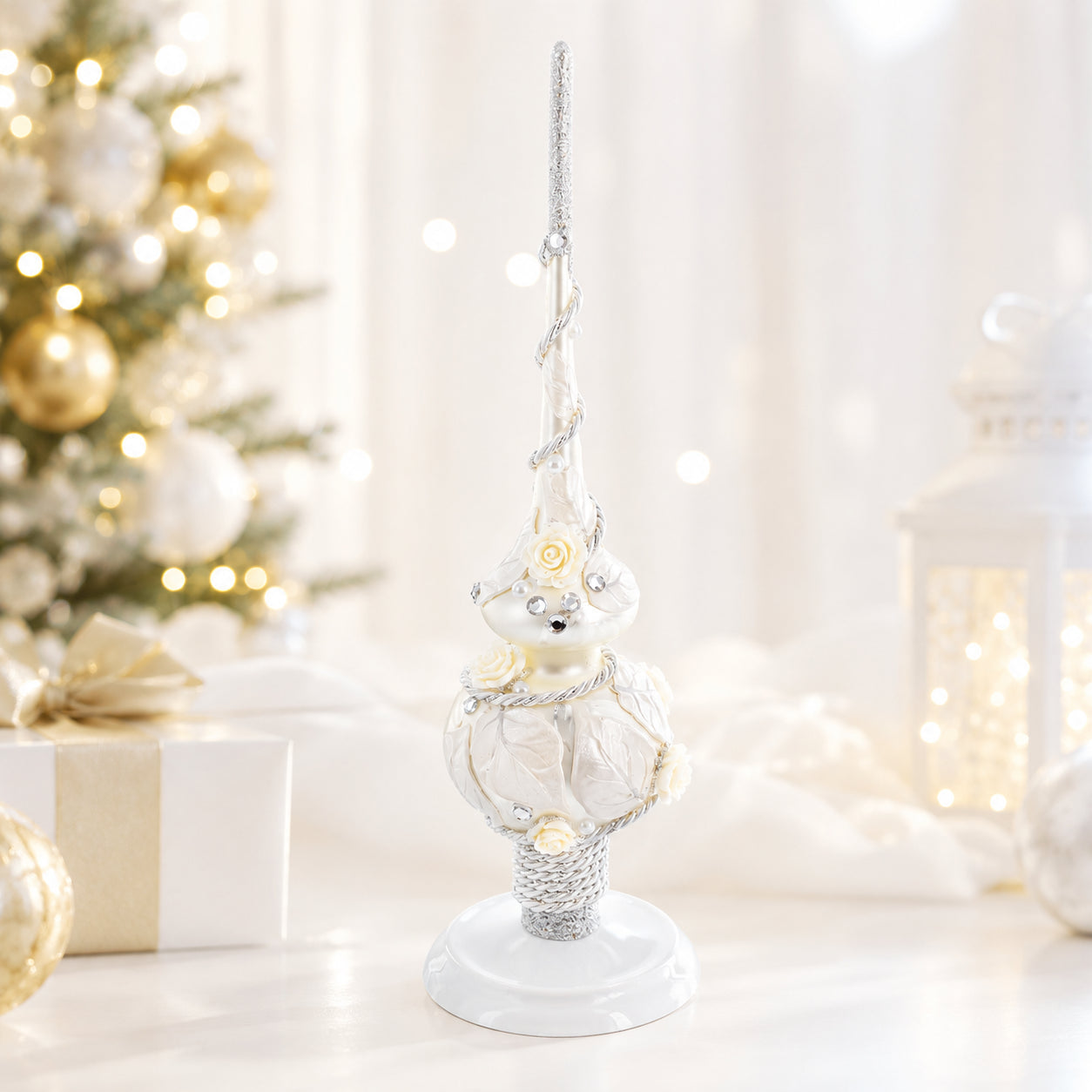 Upright White Metal Christmas Tree Topper Finial Stand Display Stand 7.2 Inches