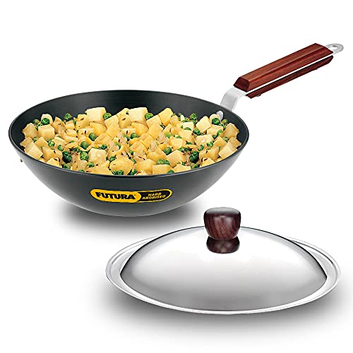 Hawkins L21 Futura Hard Anodised Deep-Fry Pan Kadhai with Steel Lid and Flat Bottom - 25 Litres