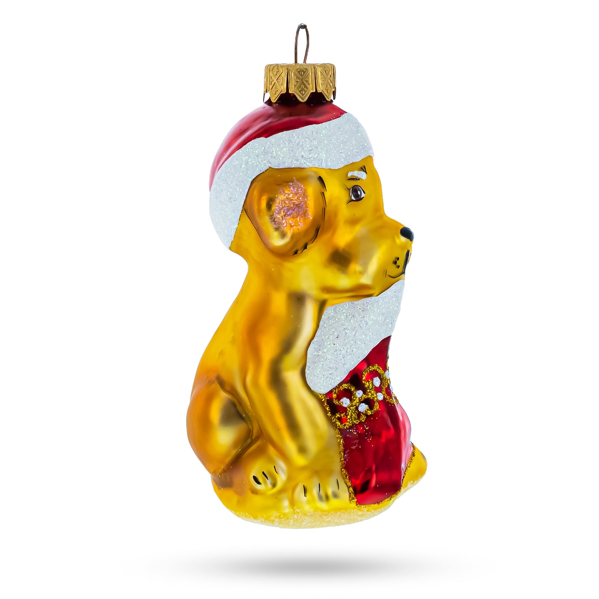 Puppy in Santa Hat with Stocking Glass Christmas Ornament