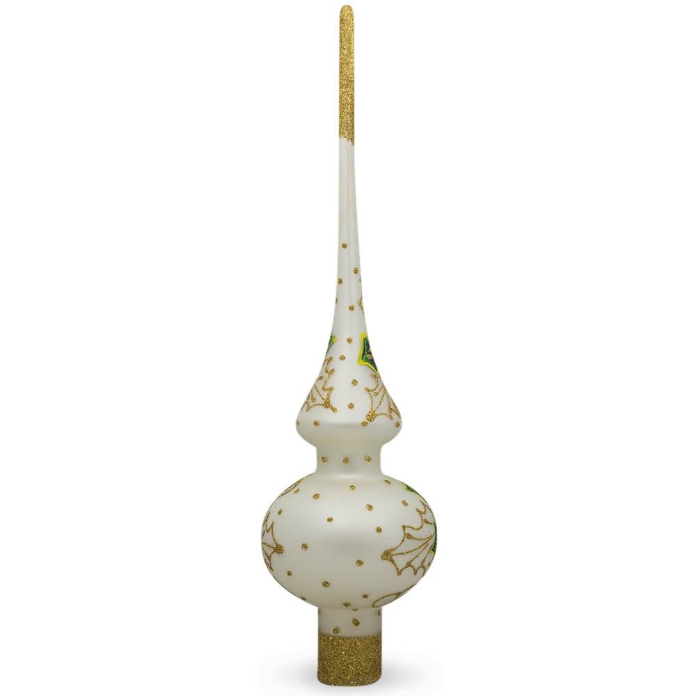 Santa Head and Mistletoe on White Glass Christmas Tree Topper 11 Inches