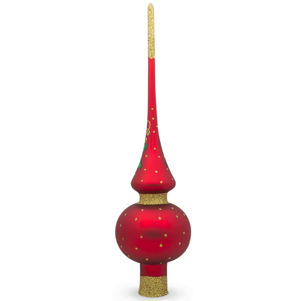 Santa and Mistletoe on Red Mouth Blown Glass Tree Topper 11 Inches
