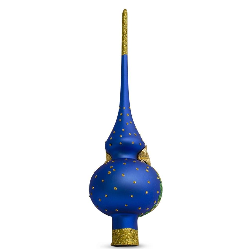 Santa with an Angel on Blue Glass Christmas Tree Topper 11 Inches