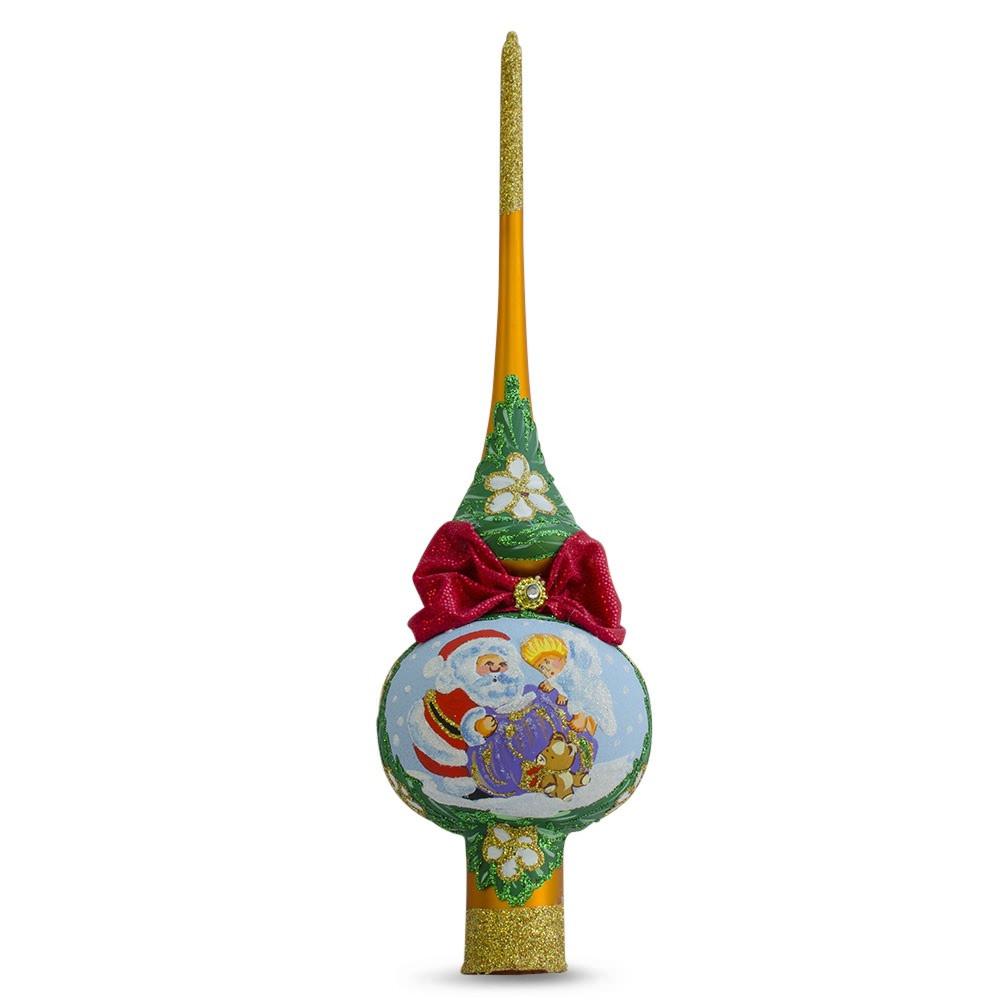 Santa with Angel on Orange Glass Christmas Tree Topper 11 Inches