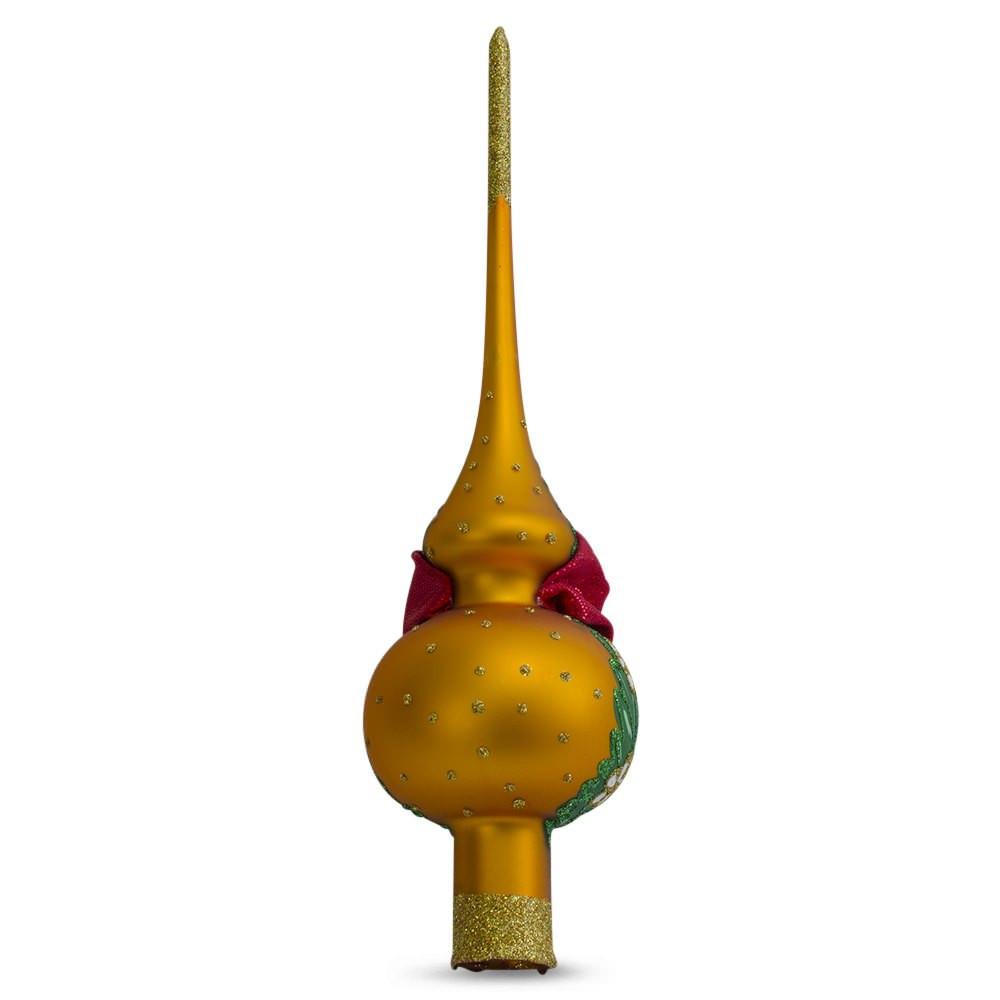 Santa with Angel on Orange Glass Christmas Tree Topper 11 Inches