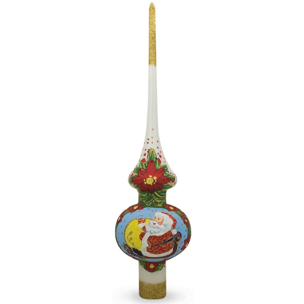 Santa on White Glass Christmas Tree Topper 11 Inches