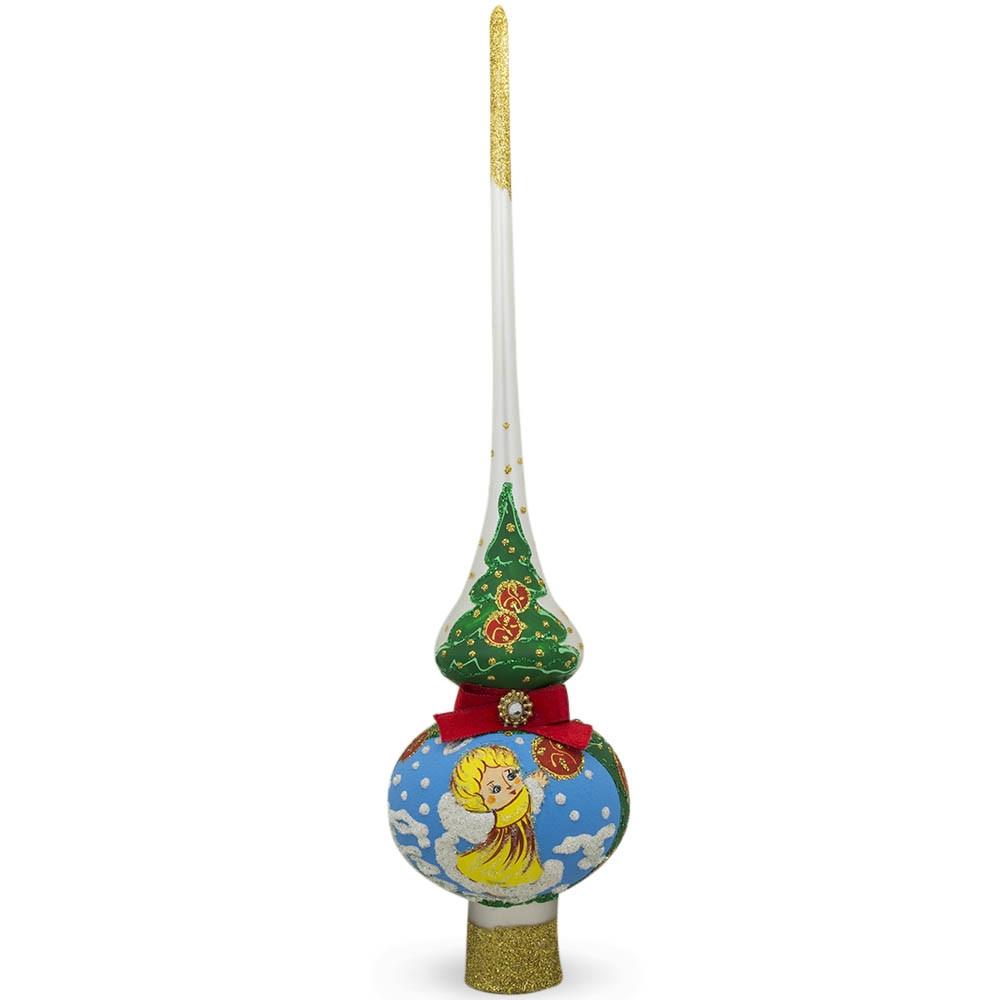 Angel Decorating Tree on White Glass Christmas Tree Topper 11 Inches