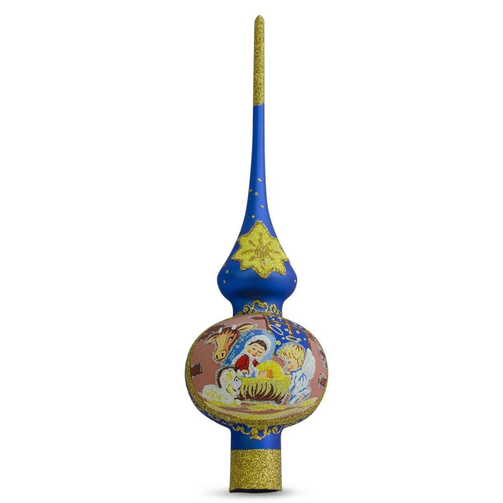Angels Admire Jesus Nativity Scene Blue Glass Christmas Tree Topper 11 Inches