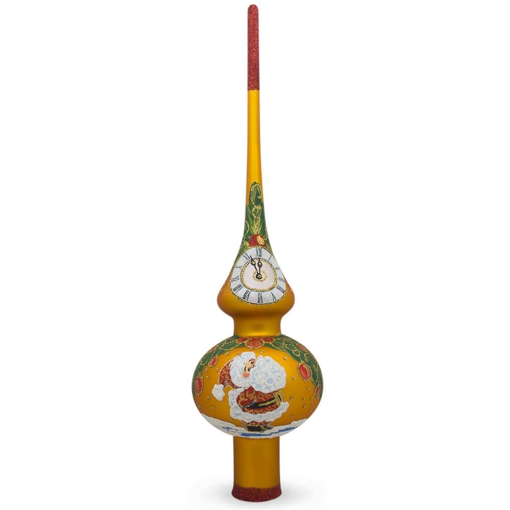 Santa Looking at Clock on Gold Glass Christmas Tree Topper 11 Inches