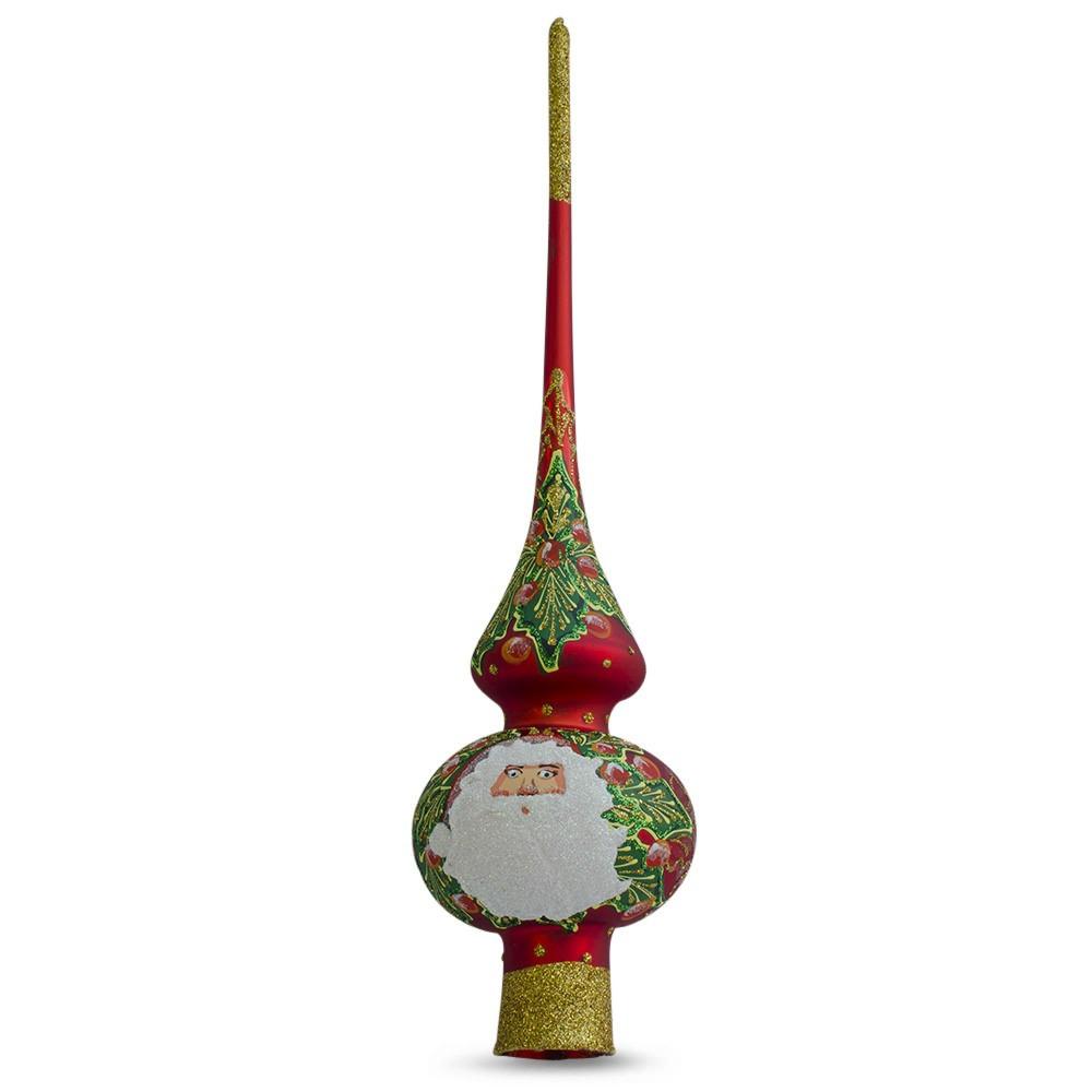 Santa and Mistletoe Wreath on Red Glass Christmas Tree Topper 11 Inches