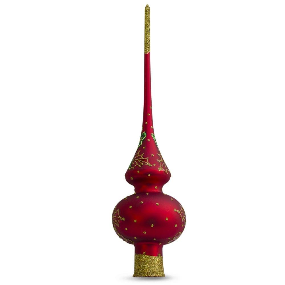 Santa and Mistletoe Wreath on Red Glass Christmas Tree Topper 11 Inches