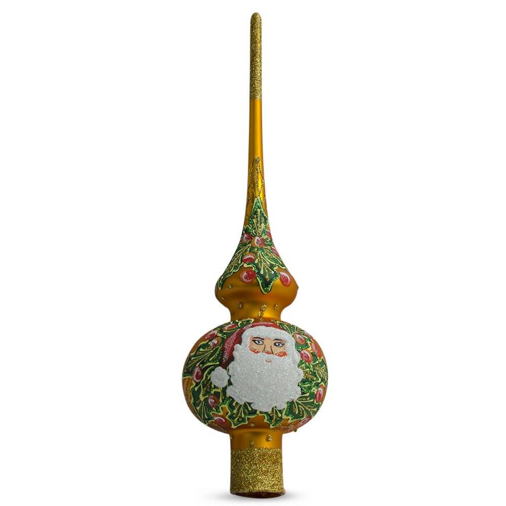 Santa and Mistletoe on Gold Glass Christmas Tree Topper 11 Inches